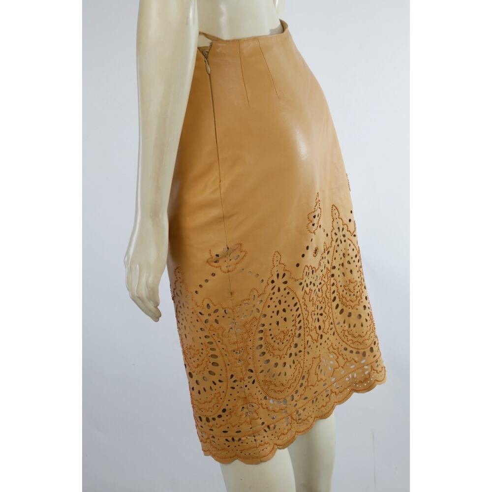 Vintage Oscar de la Renta Tan Leather Laser Cut Eyelet Paisley Pencil Skirt Sz 2 - Picture 10 of 12